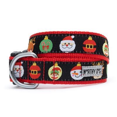 Dog collar with Christmas-themed design featuring Santa Claus, reindeer, and ornaments on a black background.