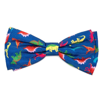 Colorful dinosaur-patterned bow tie on a blue background