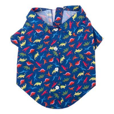 Blue pet shirt with colorful dinosaur pattern on a white background
