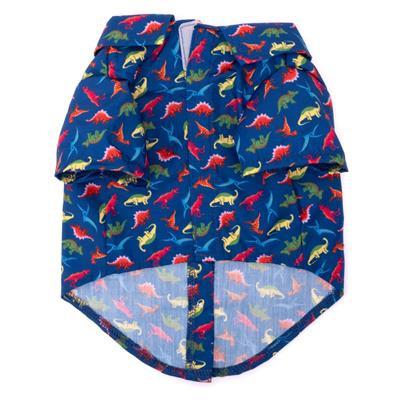 Dog shirt with colorful dinosaur pattern on a white background