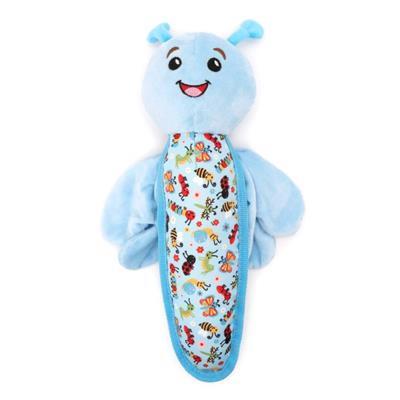 Blue plush toy with a colorful bib on a white background