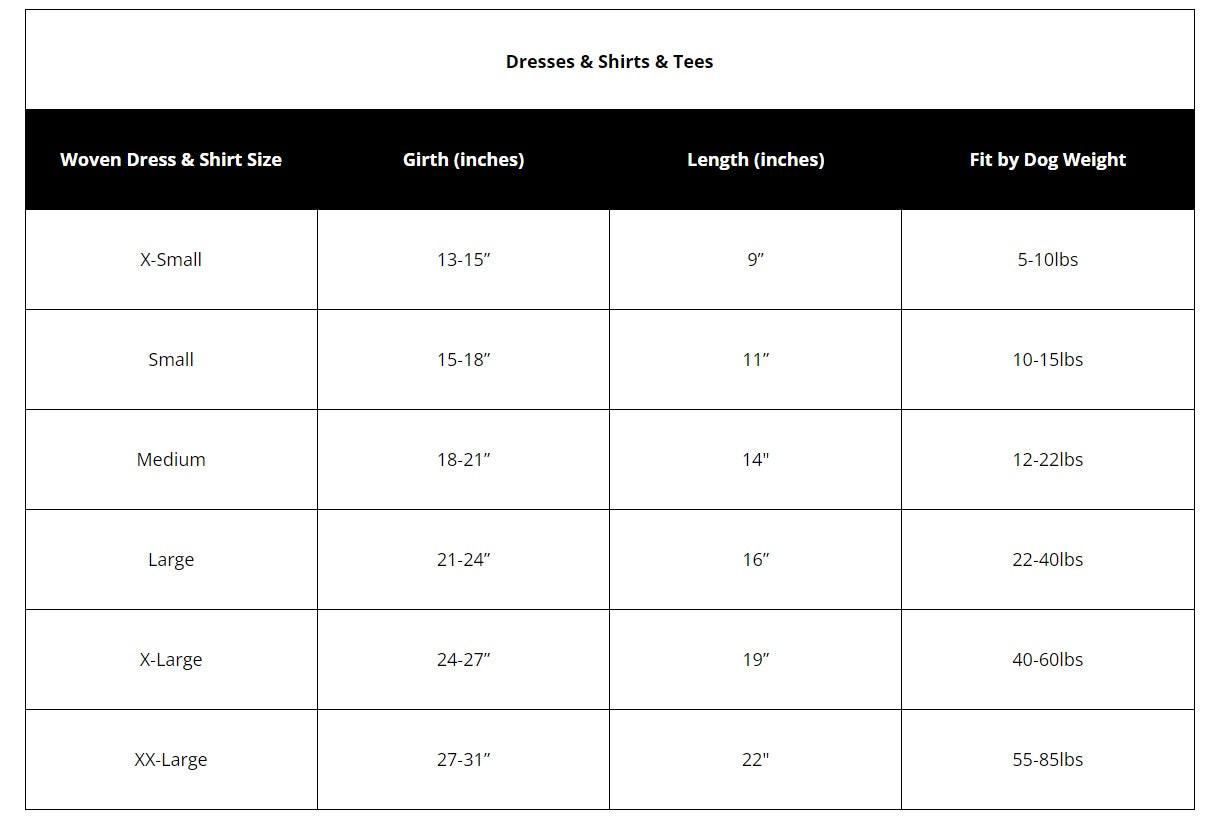 Size chart for woven dress, shirts, and tees with measurements and weight ranges.