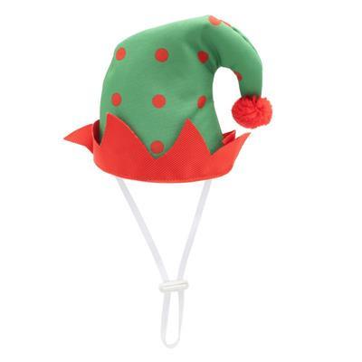 Green and red elf hat with pom-pom and chin strap on a white background