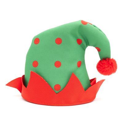 Green elf hat with red polka dots and pom-pom on a white background
