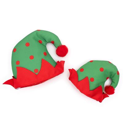 Pair of green and red elf hats with pom-poms on a white background