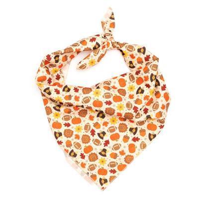 Fall-themed bandana with pumpkins, leaves, and acorns on a white background