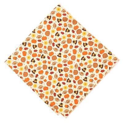 Fabric with autumn-themed pattern featuring pumpkins, leaves, and corn on a white background