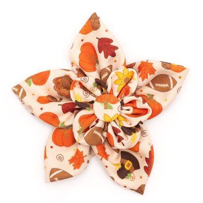 Dog collar flower accessory with fall theme print on white background