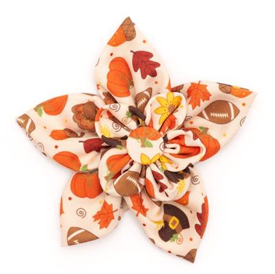 Dog collar flower accessory with fall theme print on white background