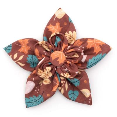 Brown dog collar bow with fall leaves pattern on white background