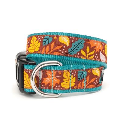 Dog collar with colorful leaf pattern on a white background