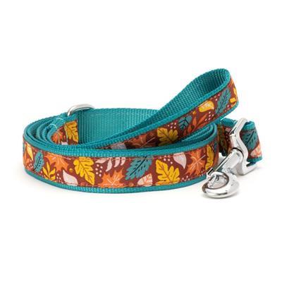 Dog leash with colorful leaf pattern on a white background