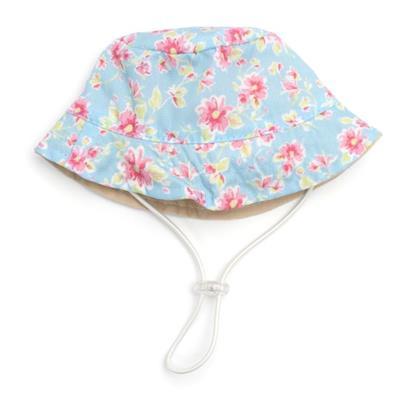 Floral-patterned sun hat with a strap on a white background