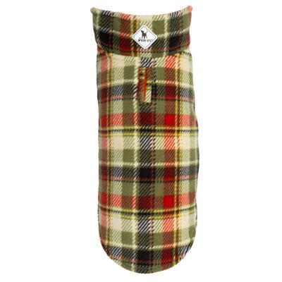 Plaid dog coat with brand logo on a white background