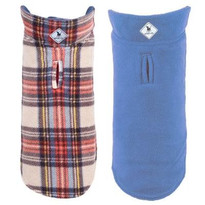 Reversible dog coat, one side plaid and other solid blue, on a white background.