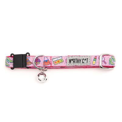 Pink cat collar with colorful designs and bell and "Worthy Cat" label on white background.