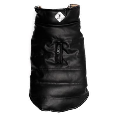 Black dog coat with a brand logo on a white background