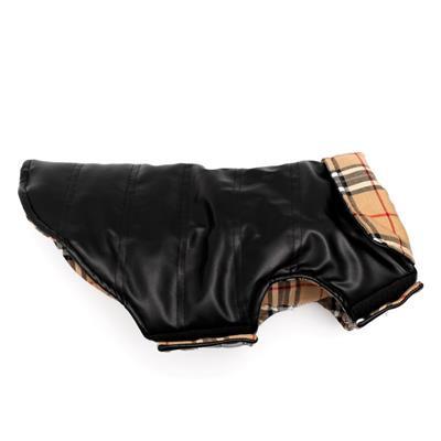 Black dog coat with plaid lining on a white background