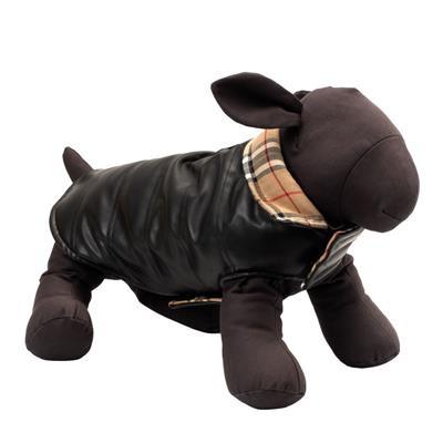 Dog toy dressed in a black coat with plaid lining on a white background