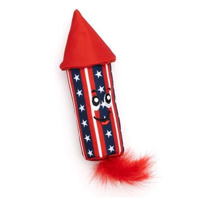 Red, white & blue cat toy resembling a rocket with a face design and stars on a white background