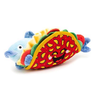 Colorful plush toy resembling a taco with a blue fish on a white background