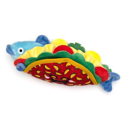 Colorful toy resembling a fish with a taco shell on a white background