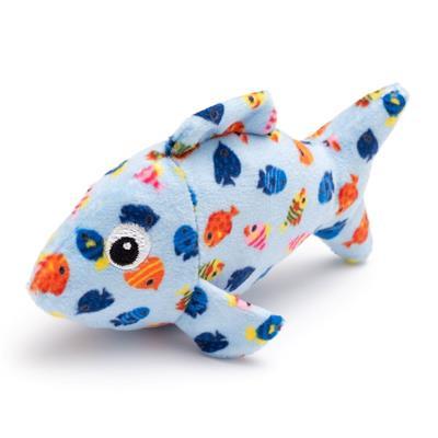 Colorful fish-patterned plush toy on a white background