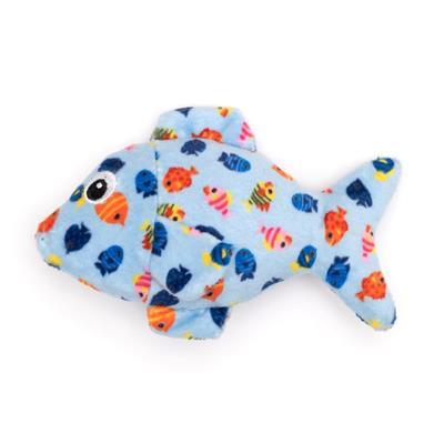 Fish-shaped plush toy with colorful fish pattern on a light blue background