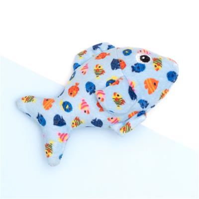 Shark-shaped toy with fish pattern on a white background