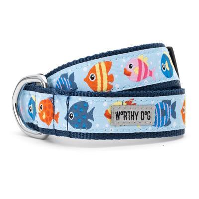 Dog collar with fish pattern on a light blue background
