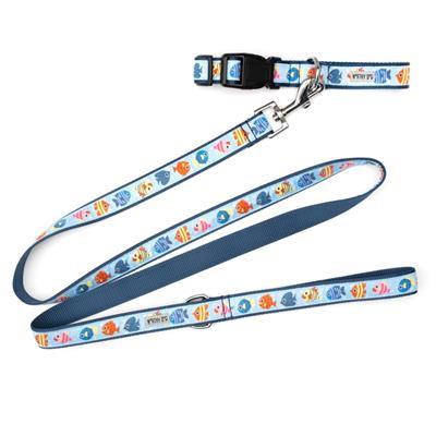 Dog leash with colorful fish pattern on a white background