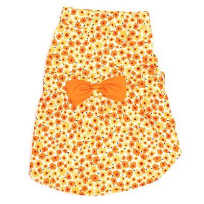 Yellow dress with orange floral pattern and bow on a white background