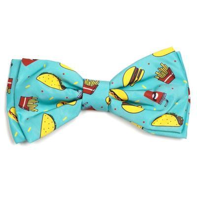 A blue bow tie with a printed pattern featuring food items such as a hot dog, corn on the cob, and fries.