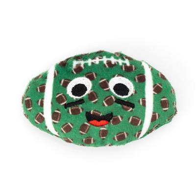 Football shaped cat toy with eyes, lips and football patterns on white background