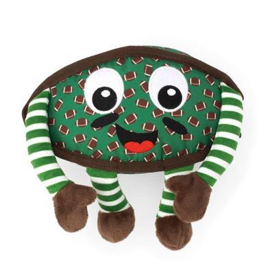 Green football shaped dog toy with eyes, lips and green & white striped arms and legs on white background.