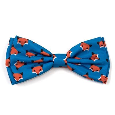Blue bow tie with red fox pattern on a white background