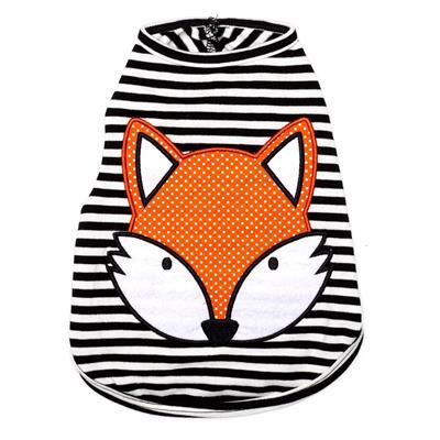 Black and white striped pet shirt with a fox design on a white background
