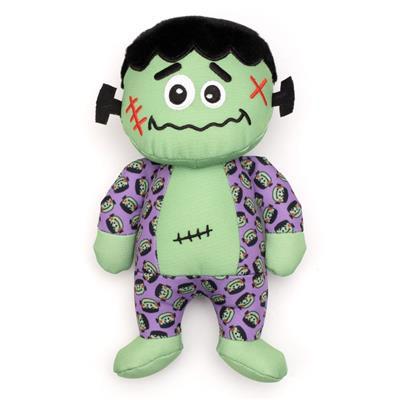 Plush toy resembling a character with green skin, black hair, and purple patterned outfit on a white background