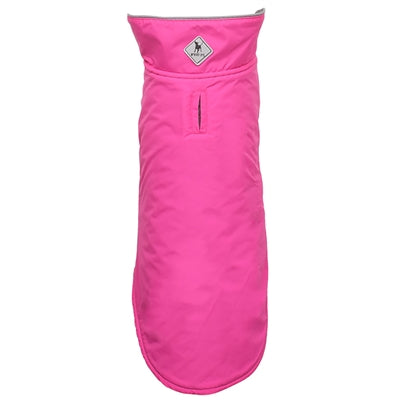 Pink dog coat with a visible brand logo on a white background