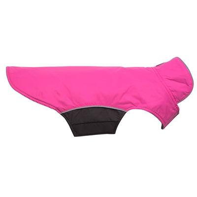Pink dog coat with black lining on a white background
