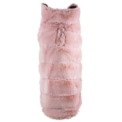 Pink fluffy dog coat on a white background