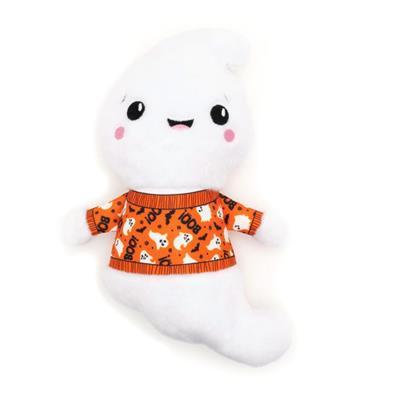 White plush toy wearing an orange Halloween sweater on a white background