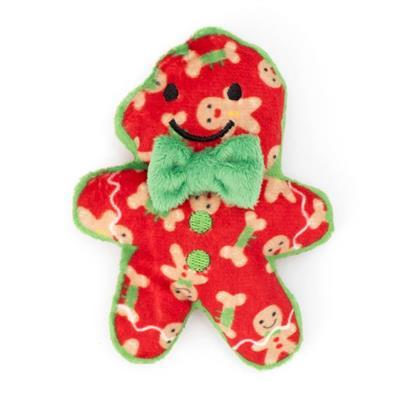 Red gingerbread boy cat toy with patterns of gingerbread men with green trim and green bow tie on white background