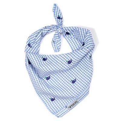 Blue and white checkered bandana with small blue whales on a white background