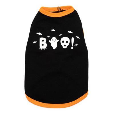 Black pet shirt with white ghost and skull design and orange trim on a white background