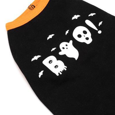Black dog shirt with white ghost and bat designs on a white background