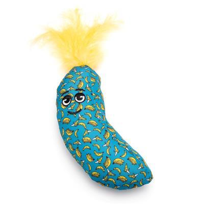Blue plush toy with banana pattern and yellow hair on a white background