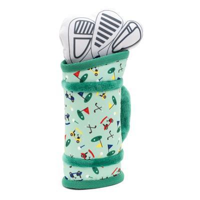 Dog toy with golf-themed pattern containing golf club toys on a white background