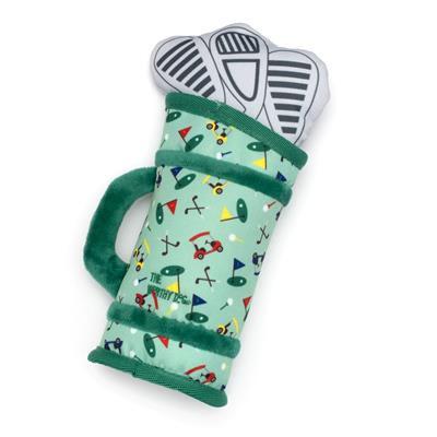 Green golf bag dog toy with golf design and golf clubs on a white background