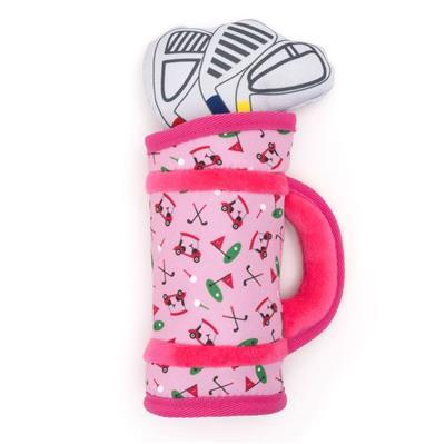 Pink golf bag dog toy with golf clubs on a white background